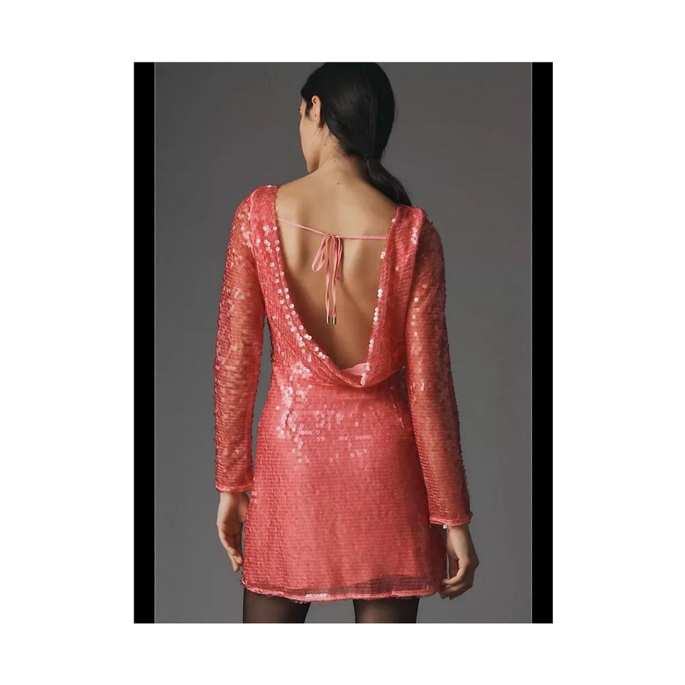 Pink Sequin Drape Back Mini Dress Anthropologie Long Sleeve NEW with Tags 16W - Picture 2 of 12